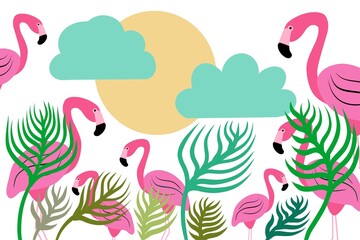 Fototapeta na wymiar Background with flamingos, sun, clouds and palm leaves