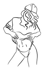 Illustration of a dancing woman in bikini and t-shirt