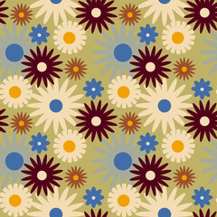 Retro seamless pattern with flowers in 60s style 