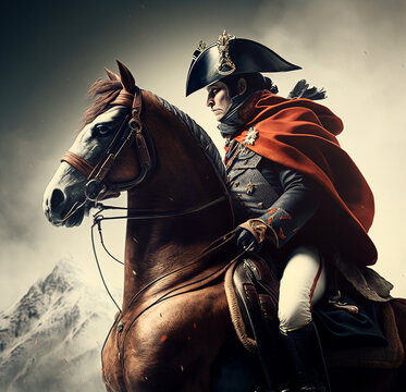 Napoleon Bonaparte horseback portrait as military commander,content made with generative AI not based on real person.