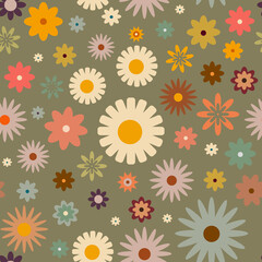 Retro seamless pattern with flowers in 60s style 