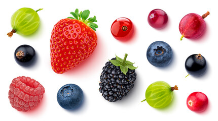 Fruits and berries isolated on white background, top view, flat lay