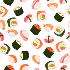 Seamless pattern Set for sushi. Different types of sushi and rolls. Traditional Japanese roll, with tobiko caviar, original with Philadelphia cheese and soy sauce, salmon and king prawns.