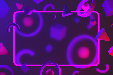 rendering of something in a neon frame on a background of polygonal objects with red and purple neon lights hitting each other. 3D Rendering