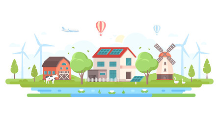 Eco-friendly farm with pond - modern flat design style illustration