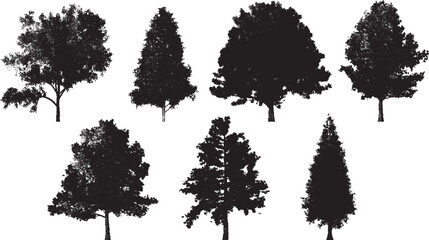 Set of tree silhouettes in dotwork style. For the forest or park background. Cedar, oak, robinia, maple black silhouettes.