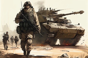 Military Forces in Full Tactical Gear and one tank, Wartime, Battlefield Illustration. Generative AI - obrazy, fototapety, plakaty