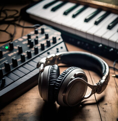 Obraz na płótnie Canvas Professional headphones in the recording studio. Music and sound concept. Generative AI image.