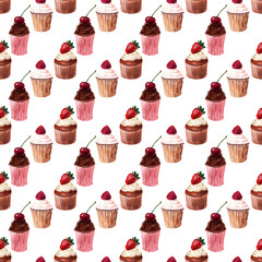 Watercolor seamless pattern with buns, cream cupcakes and ripe strawberries, raspberries and cherries
