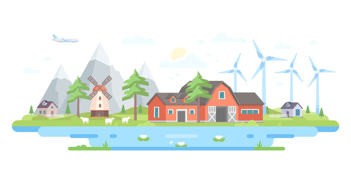 Farm by the mountains - modern flat design style illustration