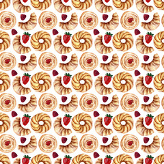 Watercolor seamless pattern with buns, cream cupcakes and ripe strawberries, raspberries and cherries
