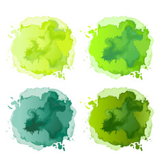 Watercolor green stain splashe paint. Spots texture with brush stroke. Round, spot. Natural organic bio eco organic green grass color. Vector sketch illustration