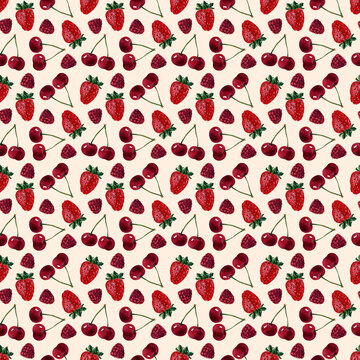 Watercolor seamless pattern with buns, cream cupcakes and ripe strawberries, raspberries and cherries
