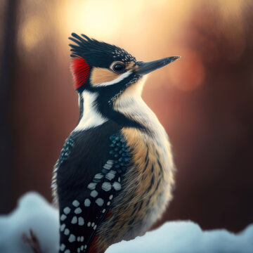 Woodpecker seen from the side in the snow at dawn. Generative AI image.