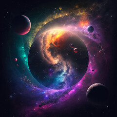 Representation of the universe with planets, nebulae and huge black hole. Generative AI image.