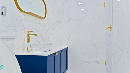 Gold color was applied to the bathroom furniture details to create a luxurious feel, and blue...