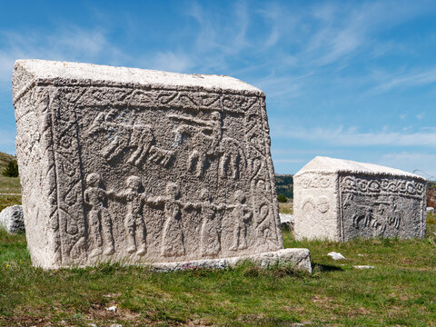 Stecci Medieval Tombstones Graveyards Dugo Polje in Blidinje, BiH. Unesco site. Historic place of interest. The tombstones feature a wide range of decorative motifs and inscriptions.