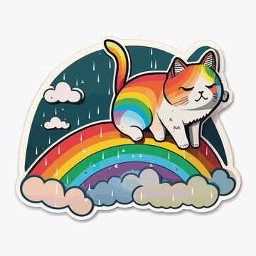 A Nyan Cat On A Cloud In Front Of A Rainbow. Editable Vector Illustration. Die Cut Sticker.