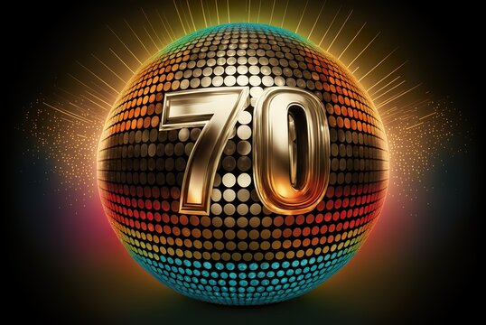 70 years of Disco Kugel. Symbol for disco and tequila party. We also have parties in our mid-50s or even at the age of 70. Wallpaper or symbol image - ki generated
