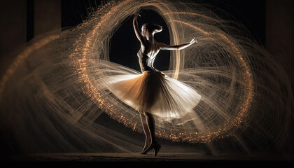 adorable ballet dancer, full body, light painting. Dark background.