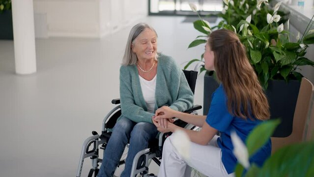 Young woman doctor talking with senior woman at wheelchair.