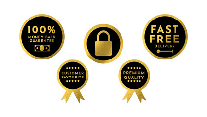 Set of marketing badges, gold badges. Simple flat style professional labels, stickers with text. Sale quality tags and labels.