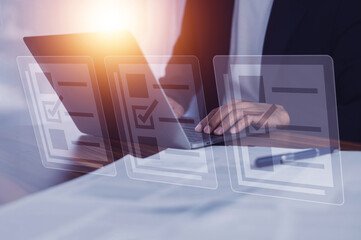 People using computer technology document management concept, file folder document management