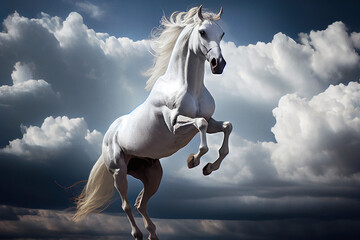 Obraz na płótnie Canvas Wild beautiful horse against blue sky and clouds.. Not an actual real animal. Digitally generated AI image