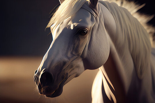 White beautiful horse close-up.
Not an actual real animal.
Digitally generated AI image