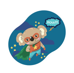 Koala superhero concept. Fictional character in cape with speech bubble. Magic and sorcery, fantasy, dream and imagination. Poster or banner for website. Cartoon flat vector illustration