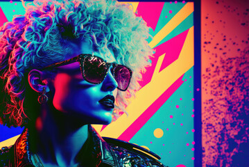 1980s pop art illustration of a blonde female singer wearing sunglasses on a fictional album cover, generative AI - obrazy, fototapety, plakaty