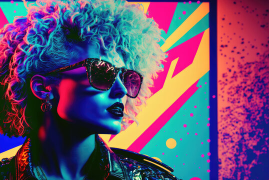 1980s pop art illustration of a blonde female singer wearing sunglasses on a fictional album cover, generative AI