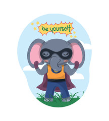 Obraz premium Elephant superhero concept. Cute animal with trunk and big ears wearing mask and cloak. Fictional character with super powers, imagination and fantasy, dream. Cartoon flat vector illustration