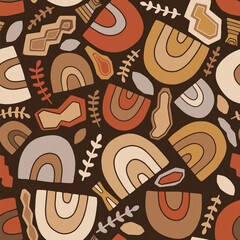 Abstract geometric shapes vector seamless pattern in brown, beige and terracotta earth colors - 569595521