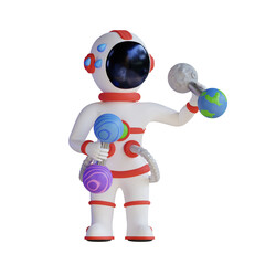 Astronaut Lifting Moon And Earth Barbell 3D Illustration