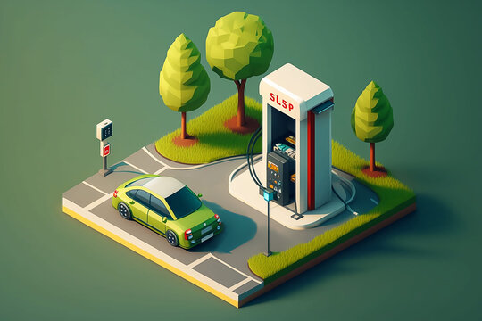 Isometric electric car charging station. Electric vehicle charging the car at the charging station. Future trend. No petrol. Generative AI.