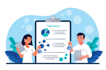 Scientific research concept. Man and woman write report about experiments in lab. Study of molecules, substances and atoms, biology and chemistry, drug development. Cartoon flat vector illustration