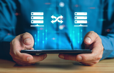 Male using smartphone for monitor Data transfer Between on cloud Server.Cloud Backup Data Concept