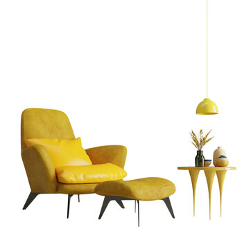 Yellow Armchair With Stool And Table