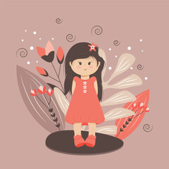 Children's design with a cute funny little girl for postcards, covers, invitations and much more. vector illustration