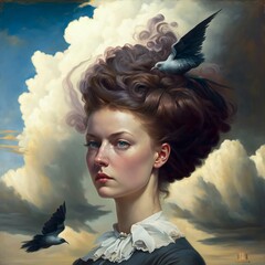 Surreal portrait of a brunette against a background of clouds.Generative AI generated illustration.