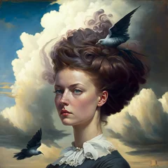 Foto op Plexiglas Schilderkunst Surreal portrait of a brunette against a background of clouds.Generative AI generated illustration.