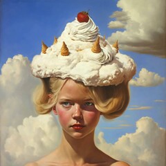 Surreal portrait of a blonde with meringues.Generative AI generated illustration. - 569596597