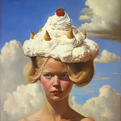 Zelfklevend Fotobehang Schilderkunst Surreal portrait of a blonde with meringues.Generative AI generated illustration.