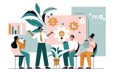 Business process concept. Men and women work on common project. Idea and brainstorming, creative personalities. Planning and goal setting, conference and meeting. Cartoon flat vector illustration
