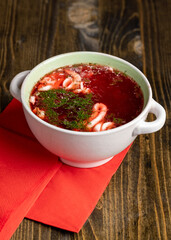 Borscht cooked with red beetroot with sour cream