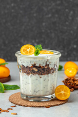 Kumquat chia pudding yogurt. healthy breakfast. superfood concept. Healthy, clean eating. Vegan or gluten free diet