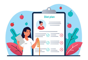 Nutrition specialist concept. Young girl makes nutrition plan and diet, health care. Doctor with patient, weight loss by them getting rid of fat. Poster or banner. Cartoon flat vector illustration