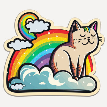 A Nyan Cat On A Cloud In Front Of A Rainbow. Editable Vector Illustration. Die Cut Sticker.