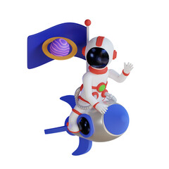 Astronaut Riding Rocket With Planet Flag 3D Illustration